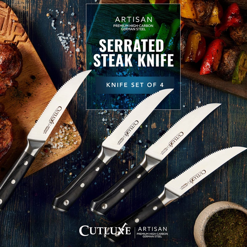 Cutluxe Steak Knives Set of 4, Serrated Steak Knives â€“ Forged High Carbon German Steel, Full Tang, Ergonomic Handle Design â€“ Artisan Series - Image 4